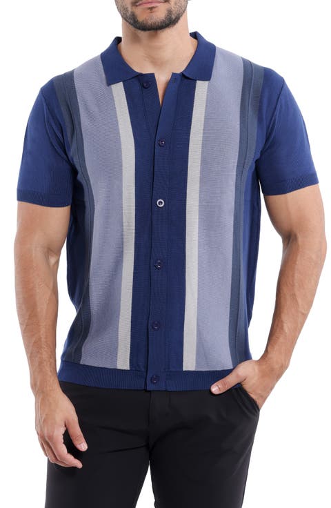 Stripe Short Sleeve Button-Up Polo Sweater