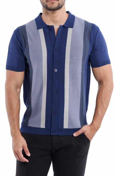 Stripe Short Sleeve Button-Up Polo Sweater
