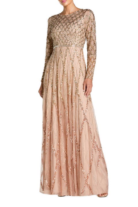 Ombre Mesh Sequin Long Sleeve A Line Gown