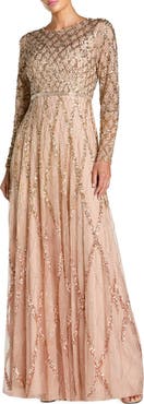 Mac Duggal Ombre Mesh Sequin Long Sleeve A Line Gown