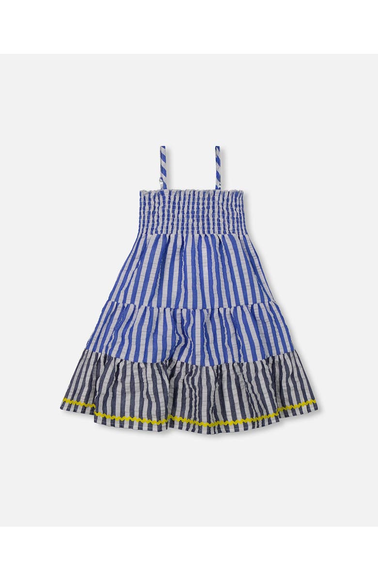 Deux par Deux Little Girl's Smocked Seersucker Peasant Dress Blue And White Striped, Main, color, Blue And White Striped