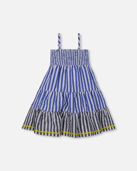 Girl's Smocked Seersucker Peasant Dress Blue And White Striped