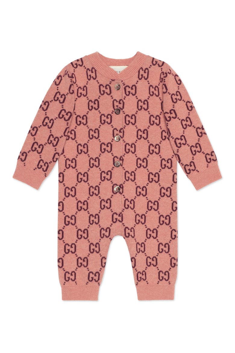 GG Logo Jacquard Wool Sweater Romper, Main, color, ROSE/ SPENT RED PRINT