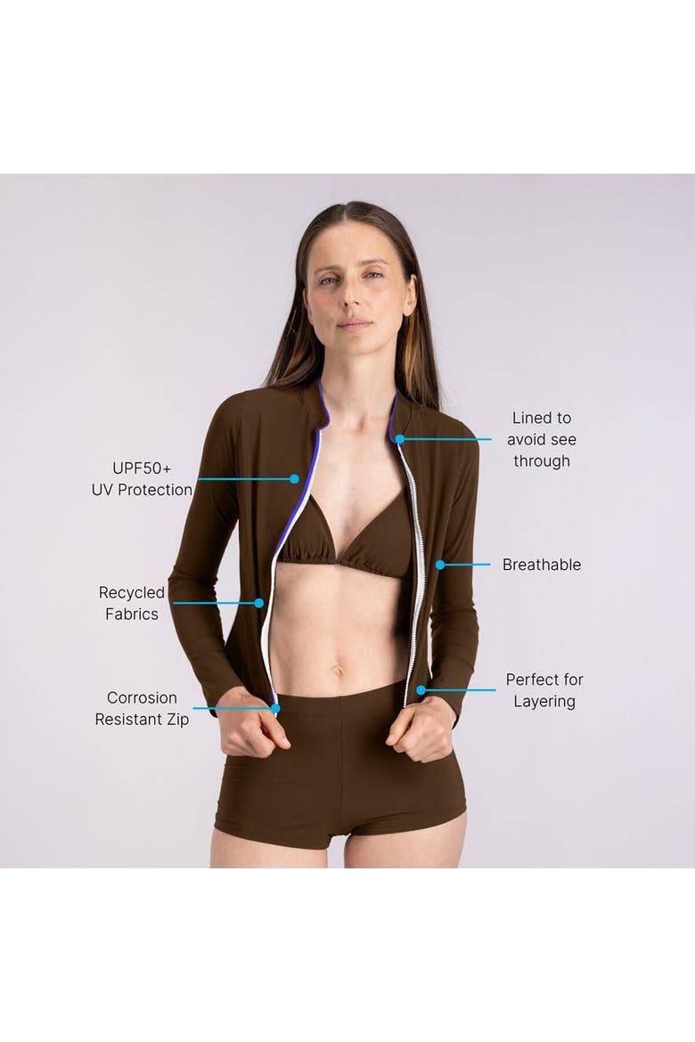 Rash Guard With Zip - Women's, Alternate, color, Coffee/Blue Binding
