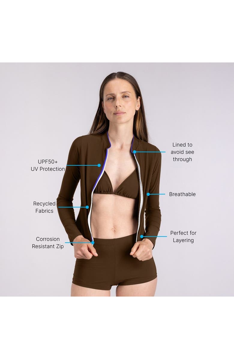 Wallien Rash Guard With Zip - Women's, Alternate, color, Coffee/Blue Binding