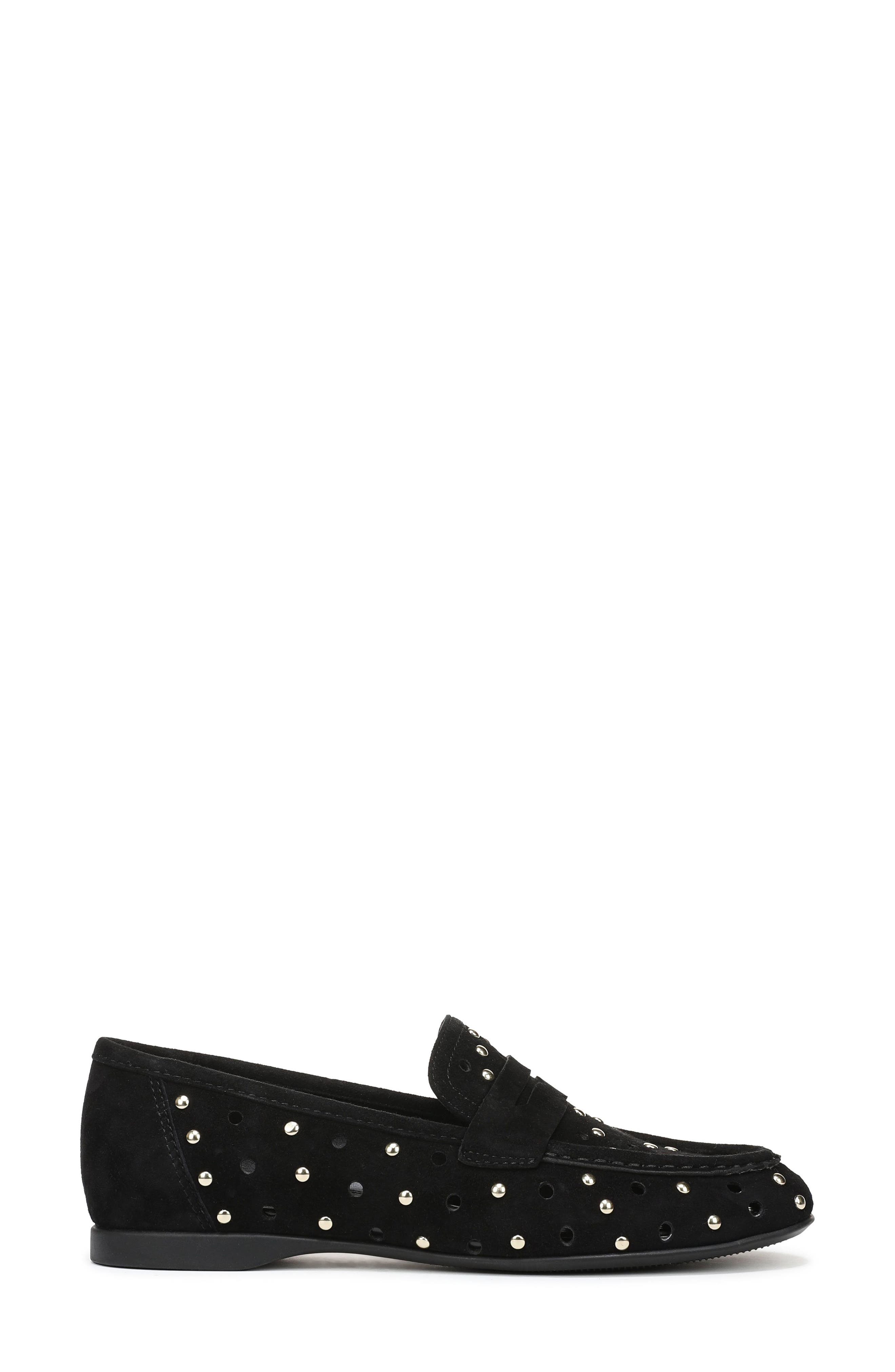 Bloom Stud Penny Loafer, Alternate, color, BLACK SUEDE