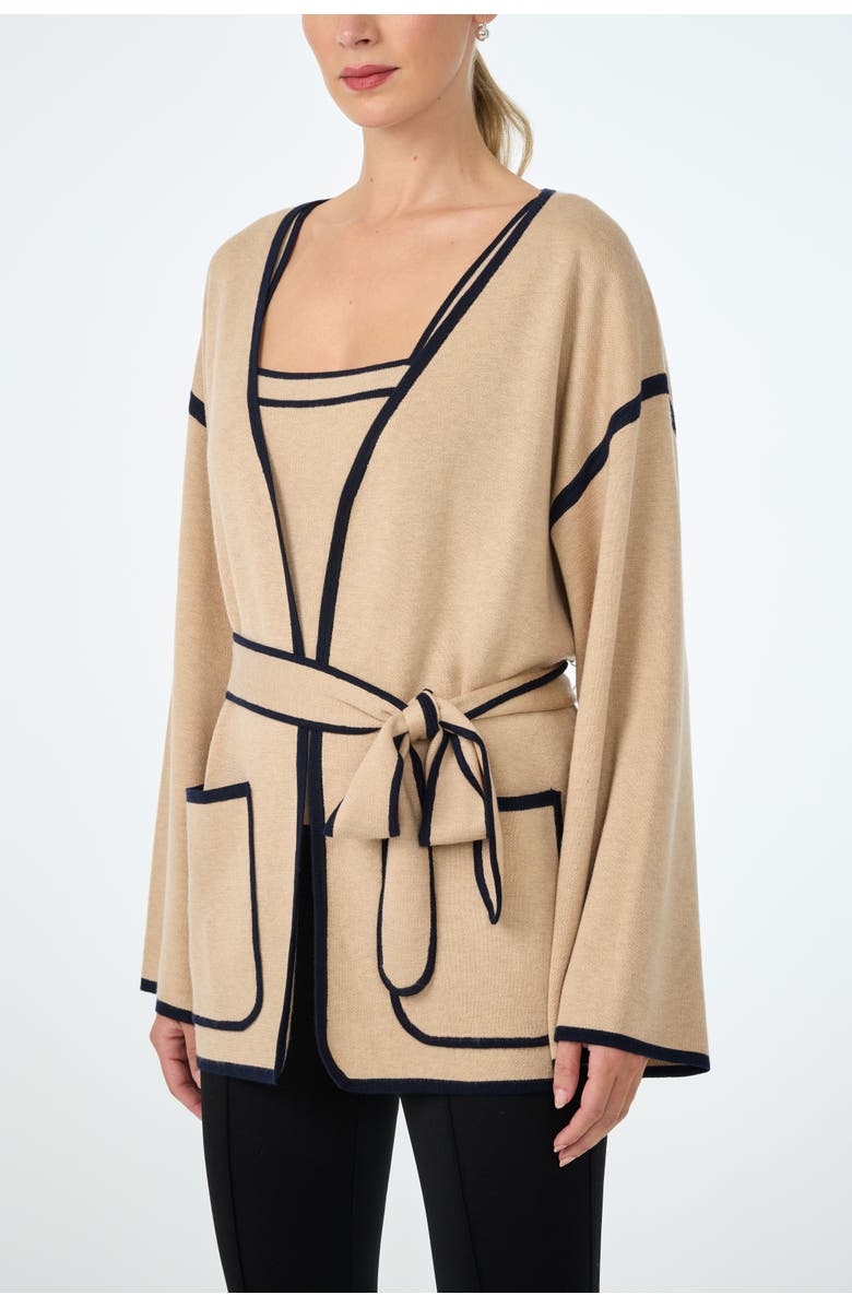 Trina Turk Wright Belted Flare Sleeve Cardigan, Alternate, color, Camel/Indigo