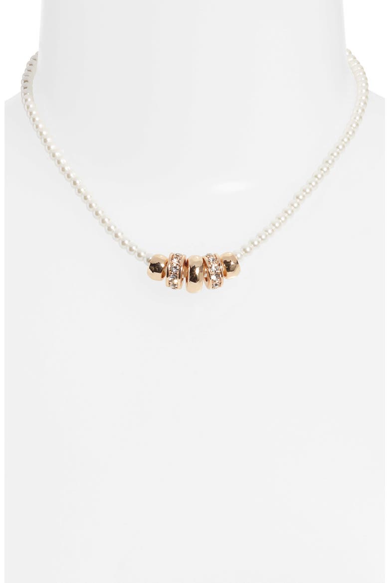 Imitation Pearl and Crystal Rondelle Strand Necklace, Alternate, color, CLEAR- WHITE- GOLD