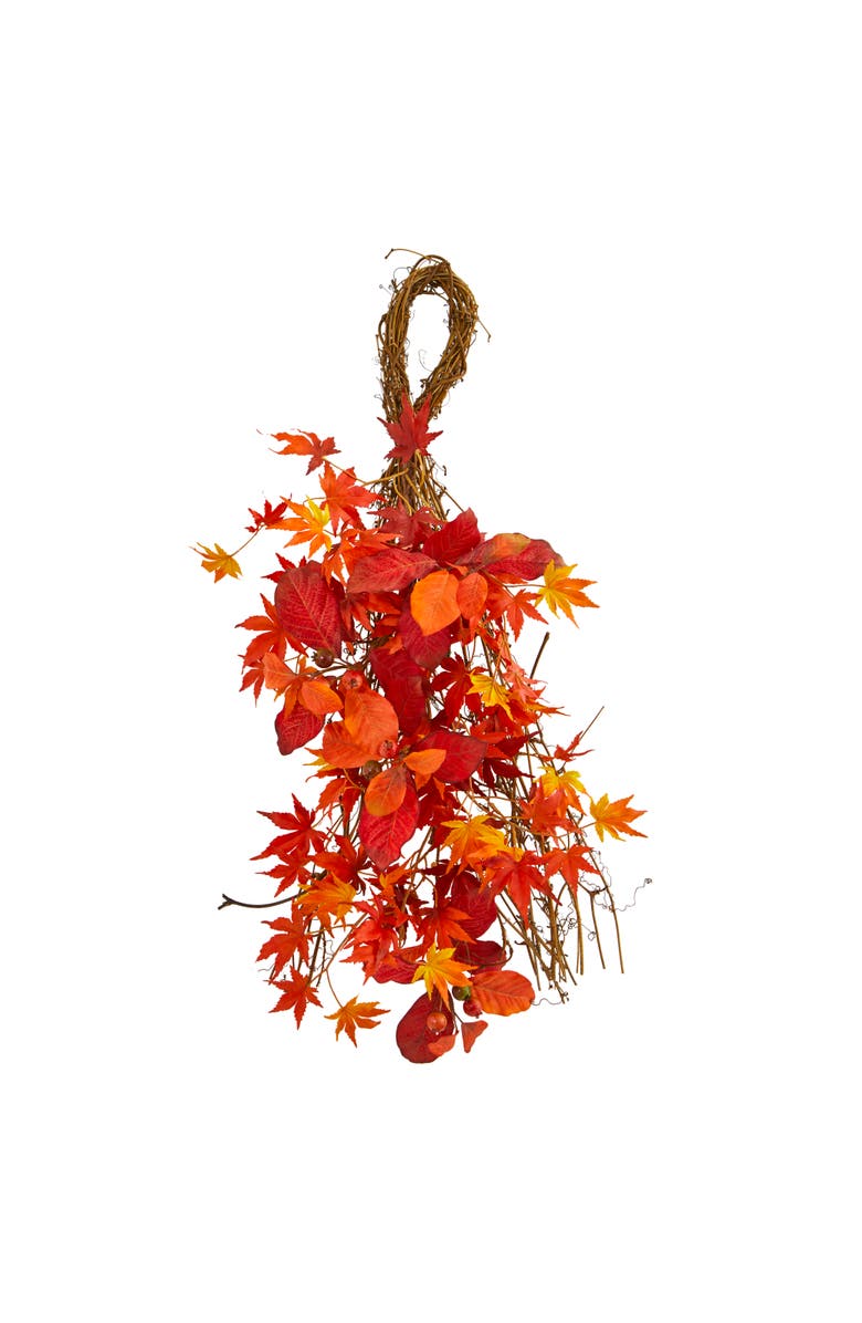 NEARLY NATURAL 26-in Mixed Japanese Maple, Magnolia Leaf and Berries Artificial Teardrop, Main, color, Red/Orange