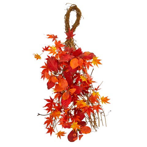 26-in Mixed Japanese Maple, Magnolia Leaf and Berries Artificial Teardrop