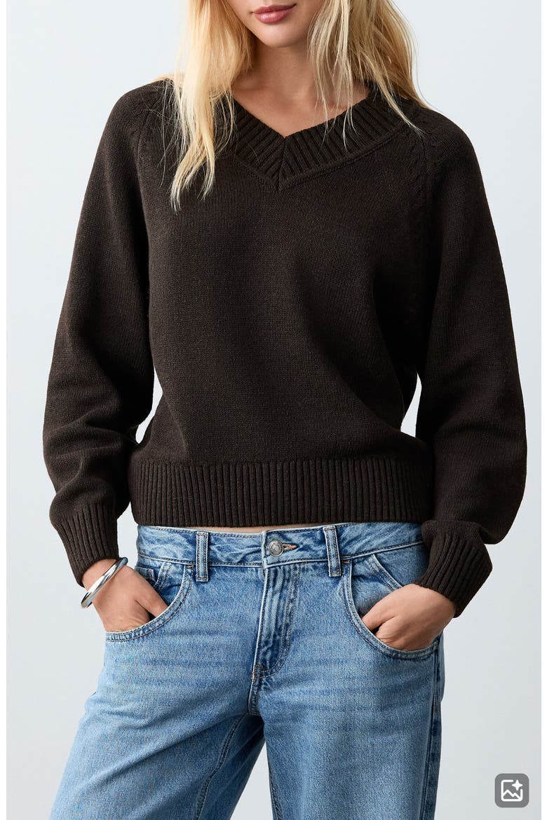 V-Neck Knit Sweater, Main, color, BROWN