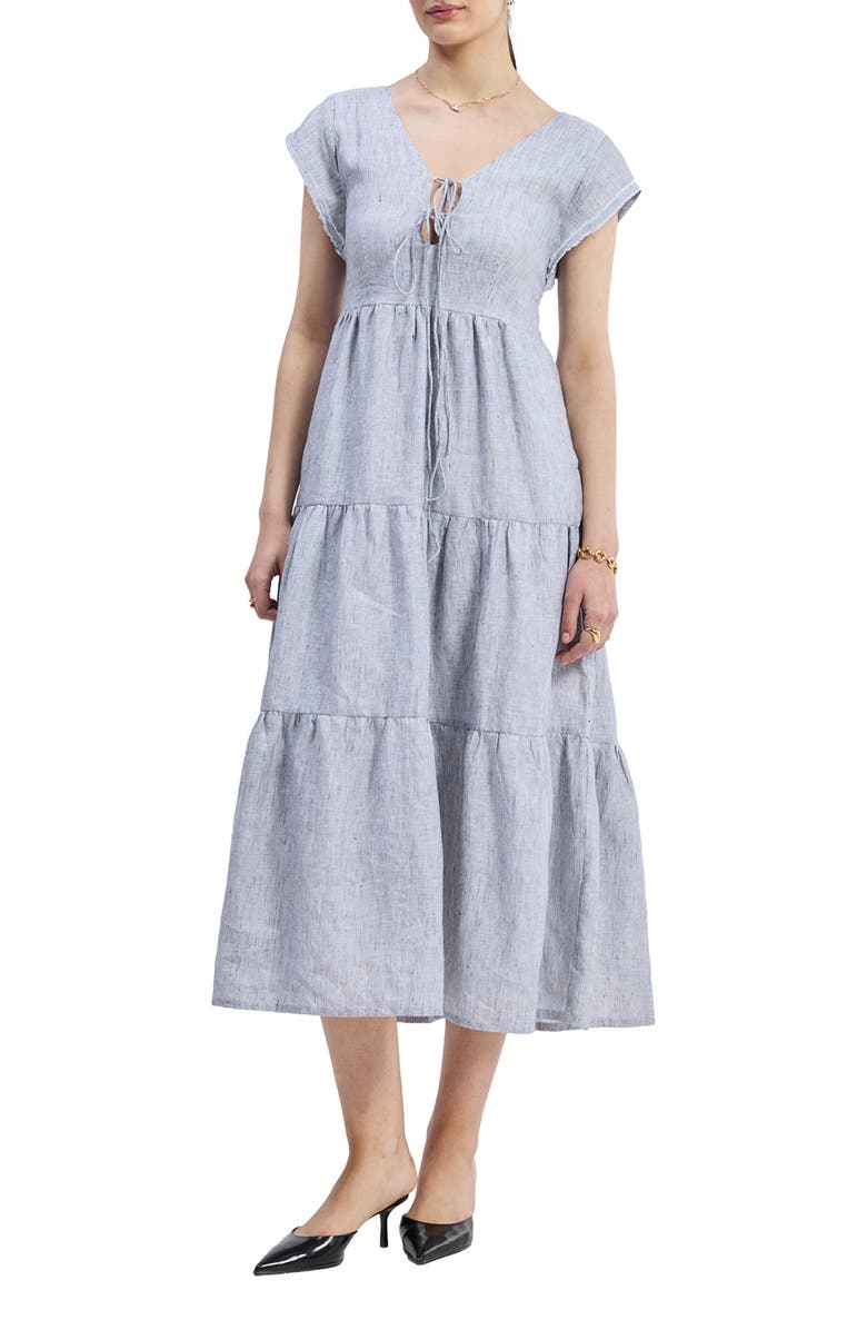 Reistor Gathered Tiered Dress with Front-ties - Linen stripes, Main, color, Pin Striped Linen