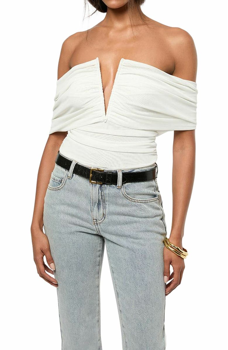 WeWoreWhat Ruched Off Shoulder Bodysuit, Alternate, color, Ivory