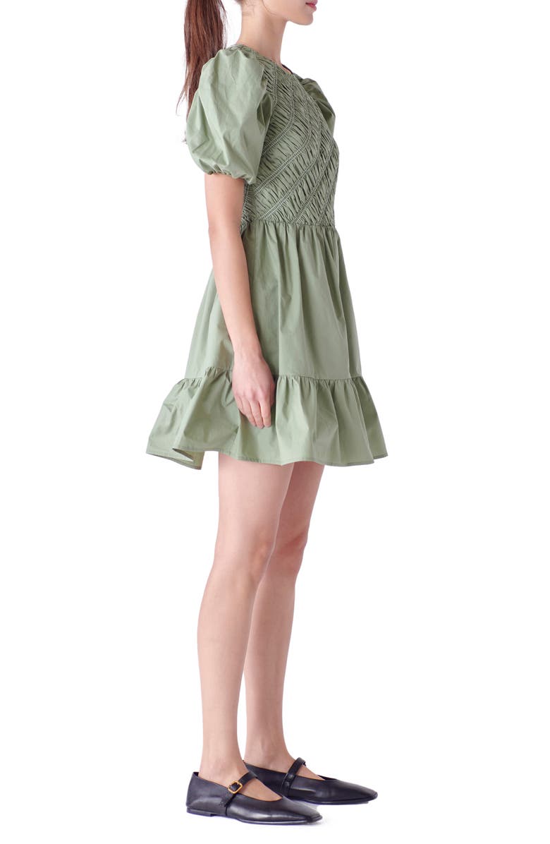 English Factory Shirred Puff Sleeve Cotton Minidress, Alternate, color, Sage