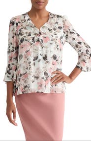 KASPER Floral Print Metallic Ruffle Top
