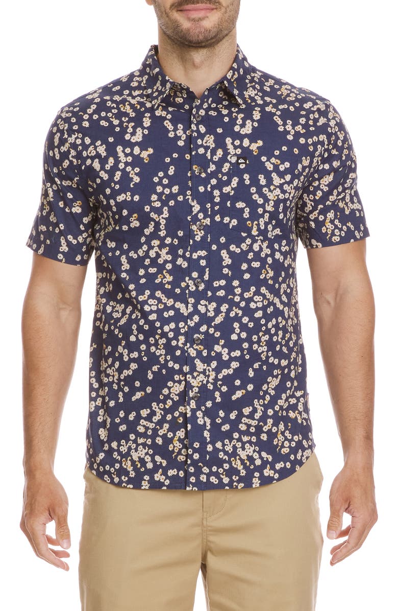 Quiksilver Cosmic Fields Classic Short Sleeve Button-Up Shirt, Main, color, Navy