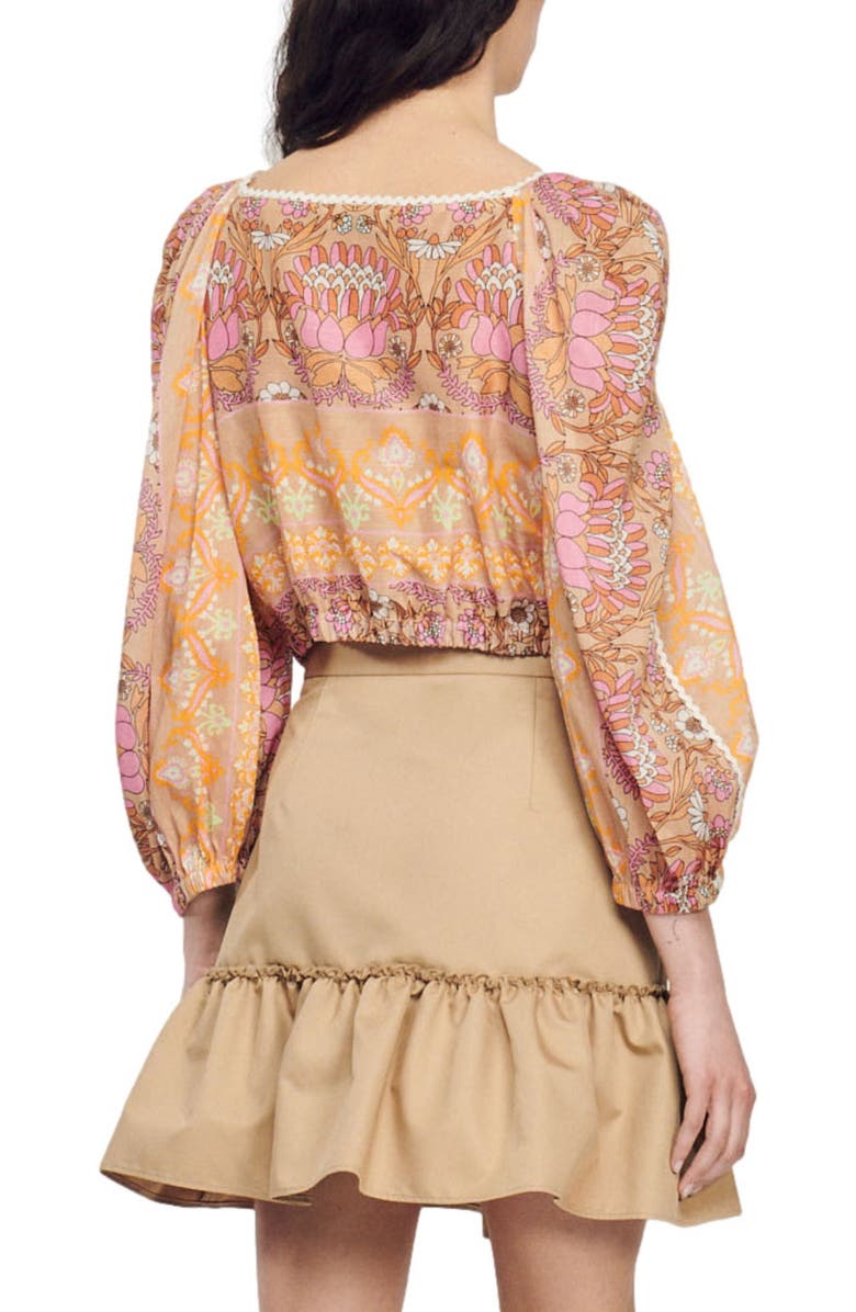 SANDRO Print Blouson Linen Blend Top, Alternate, color, Beige