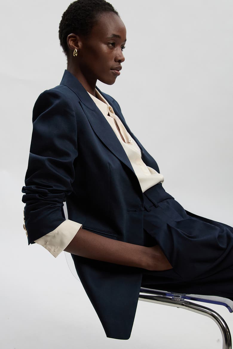 Tailored Linen Single Breasted Blazer, Alternate, color, Navy