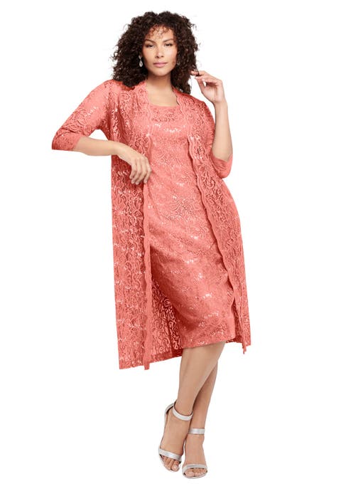Plus Size 3/4 Sleeve Formal Duster Sequin Embellished Lace Dress Set (Plus)