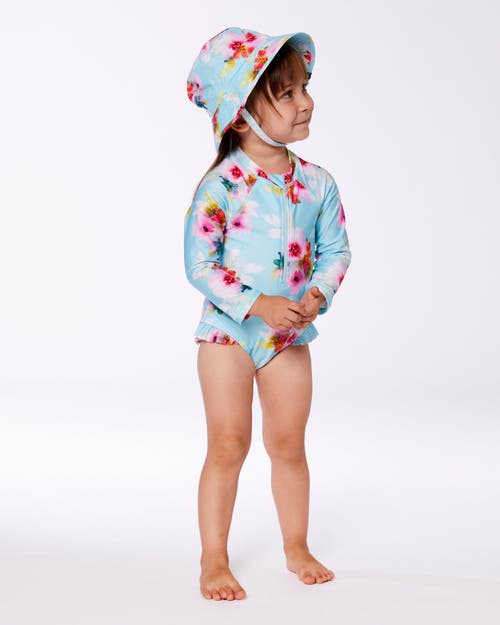 Deux Par Deux Baby Girl's Printed One-piece Rashguard With Frills Turquoise And Pink Flowers In Turquoise And Pink Flowers