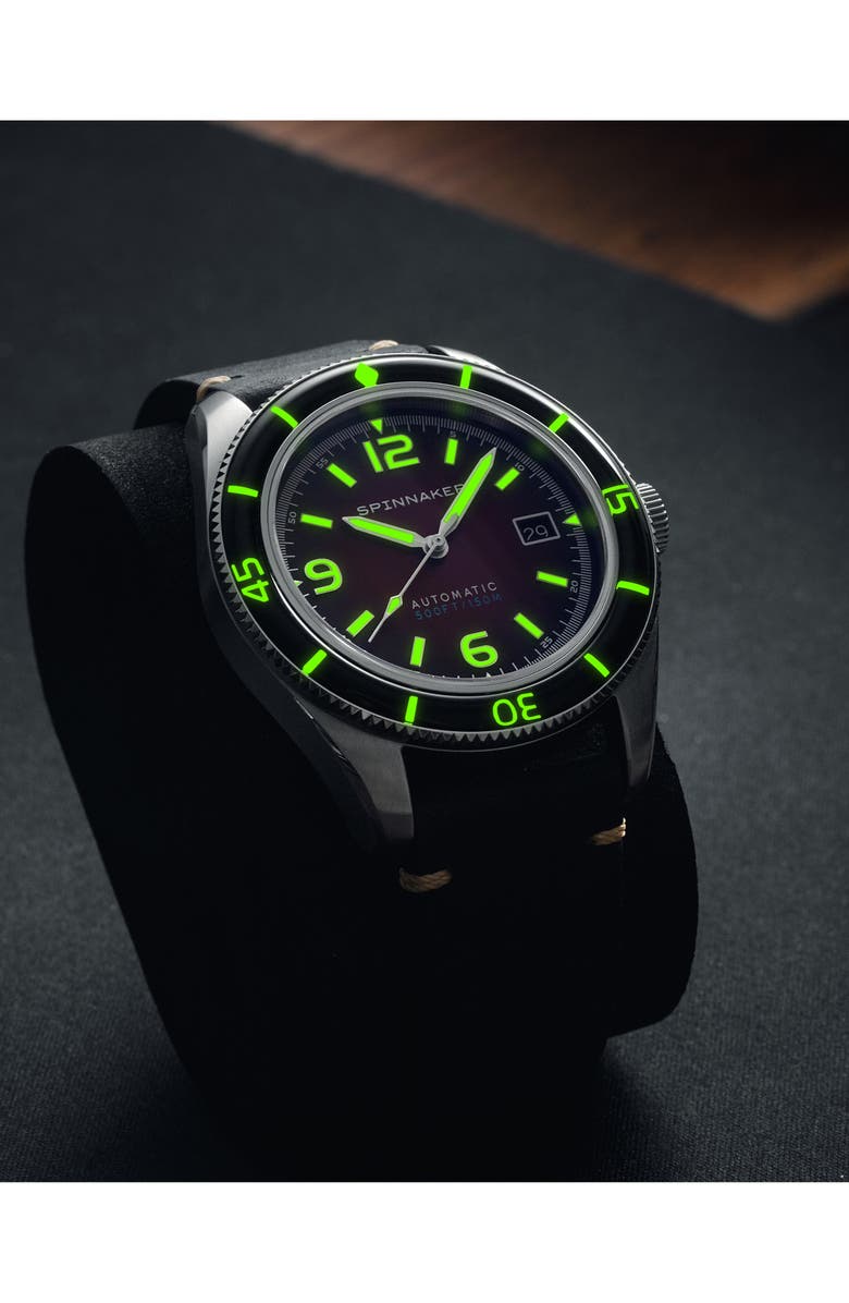 SPINNAKER Fleuss Automatic Leather Strap Watch, 43mm, Alternate, color, Red