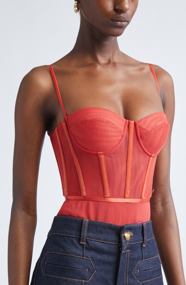 Zimmermann Rebellion Mesh Corset Bodysuit, Alternate, color, Red