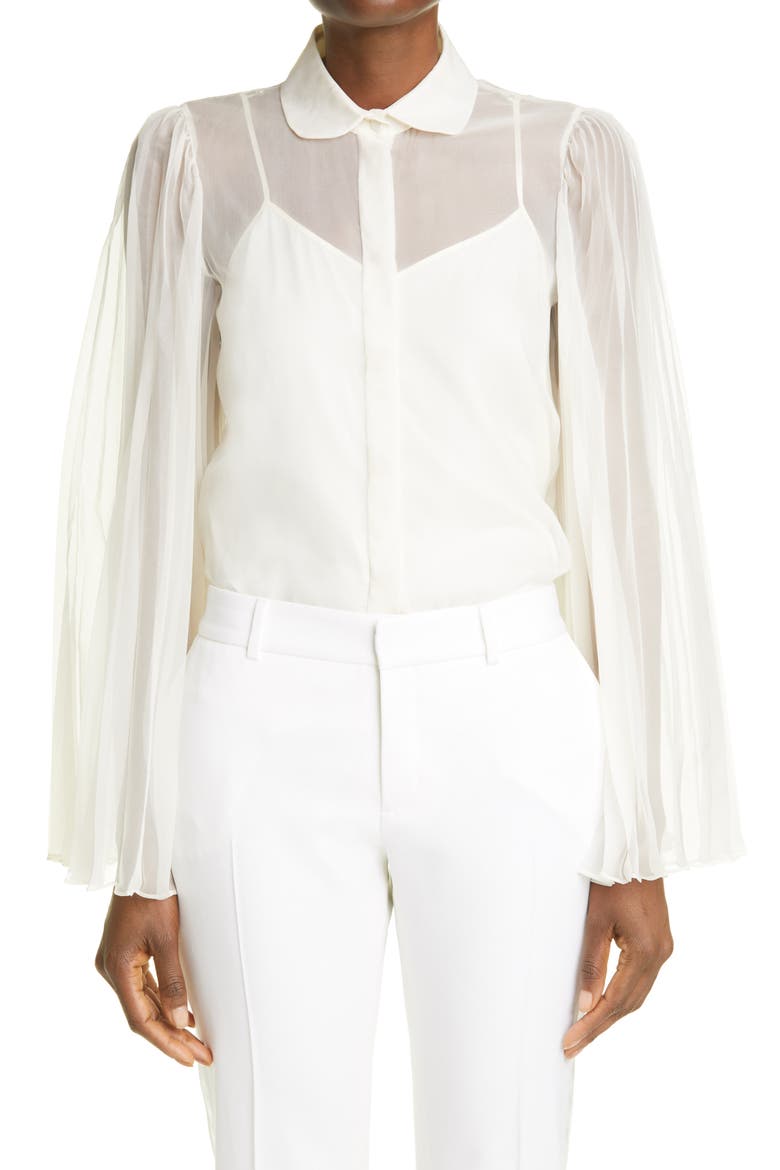 Pleated Sleeve Silk Blend Organdy Blouse, Main, color, 9303 ALMOND FLOWER