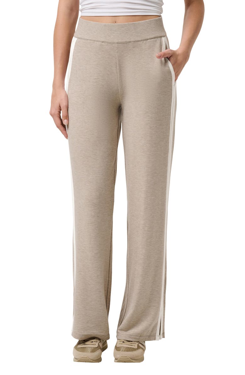 TravisMathew Cloud Terry Side Stripe Varsity Sweatpants, Main, color, Heather Soft Taupe
