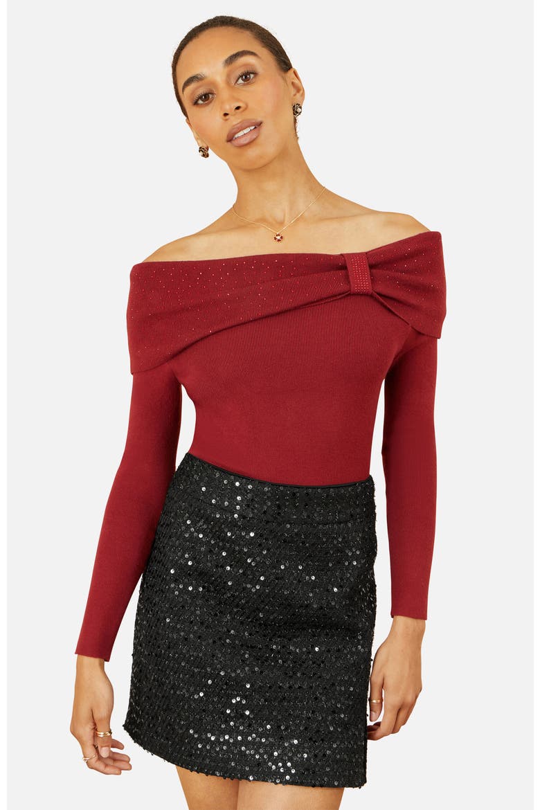 Rhinestone Diamante Bardot Neck Jumper, Alternate, color, Burgundy