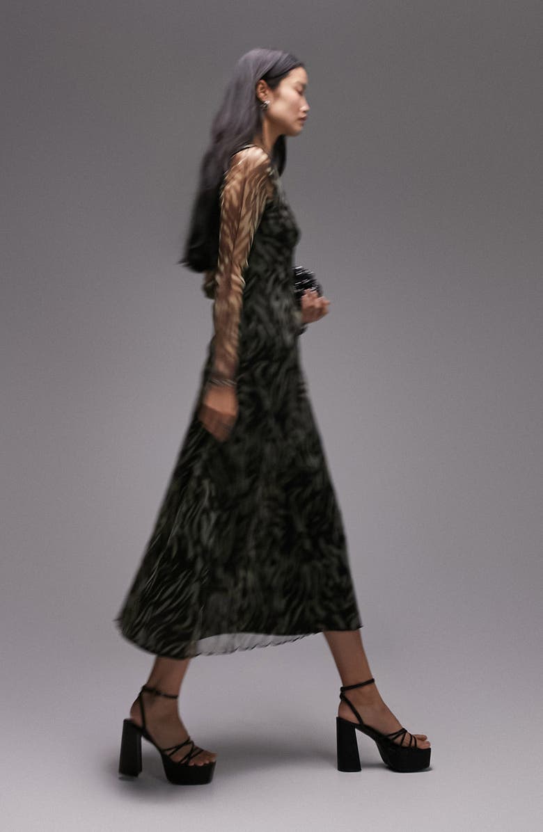Topshop Zebra Print Long Sleeve Mesh Dress, Alternate, color,