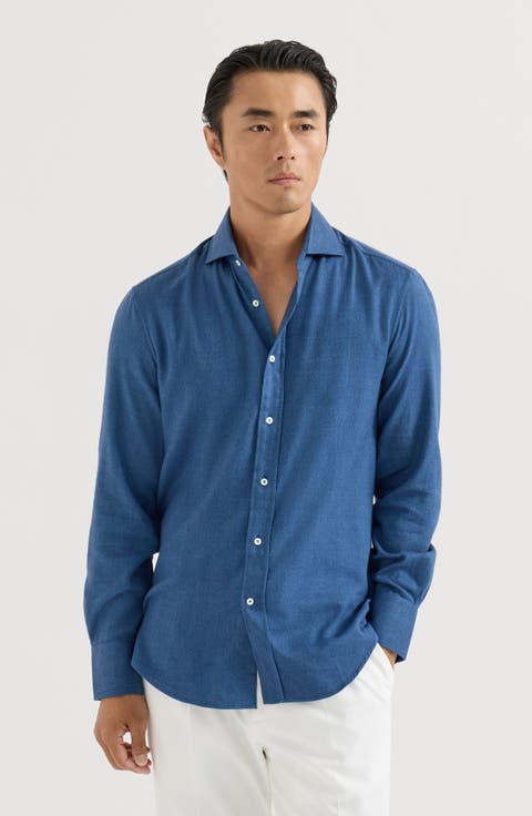 Stretch cotton chevron flannel shirt with spread collar