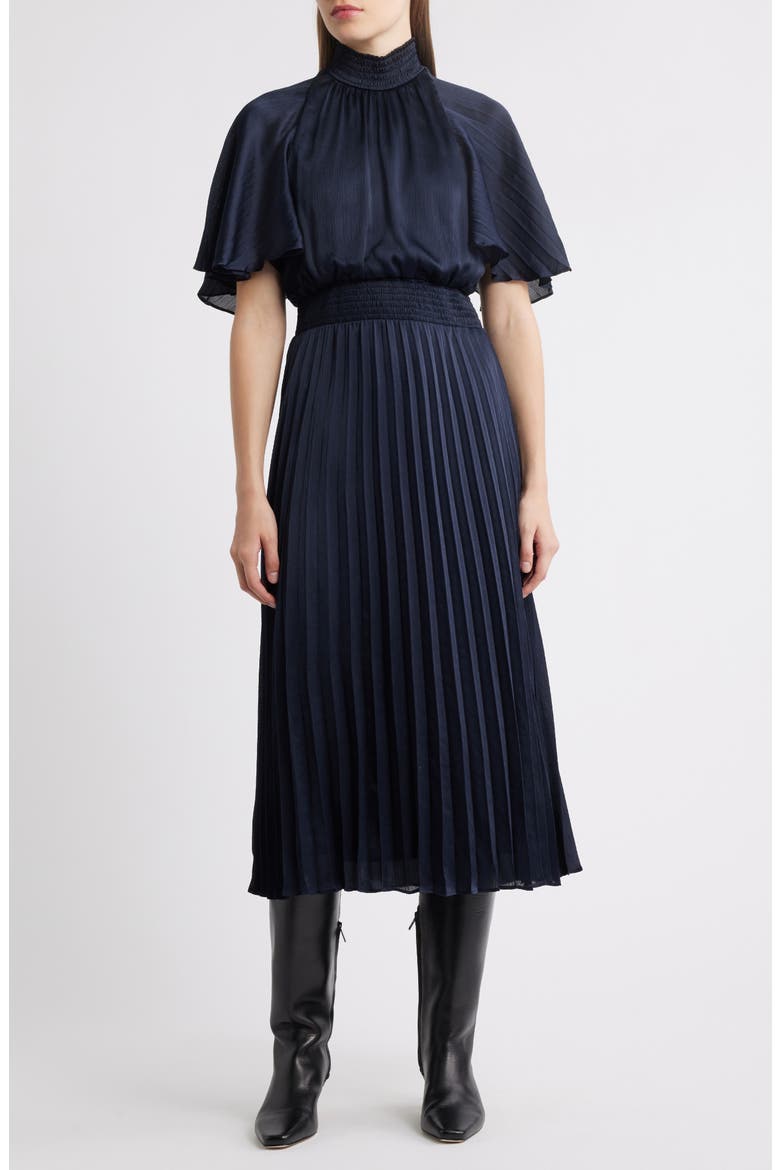 Flutter Sleeve Pleated Midi Dress, Main, color, NAVY