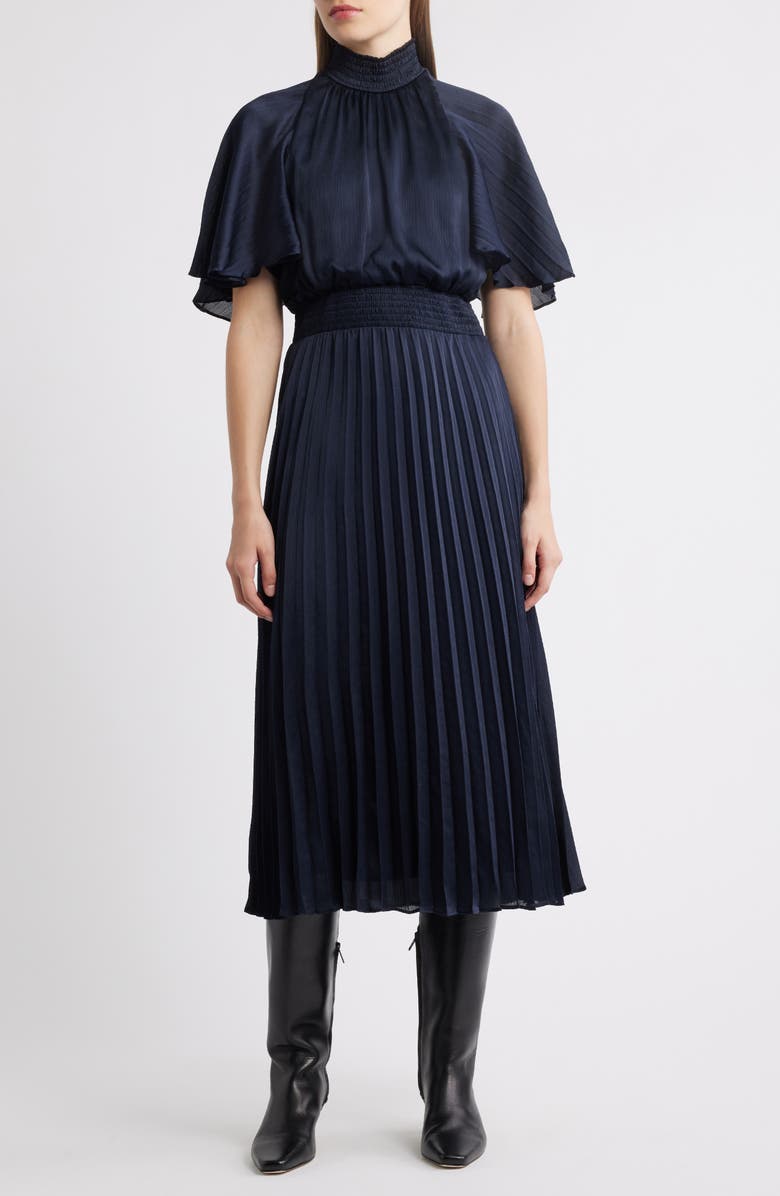 Julia Jordan Flutter Sleeve Pleated Midi Dress, Main, color, Navy