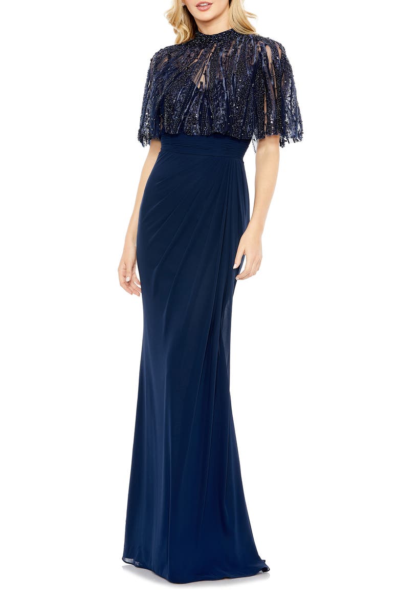 Cape Overlay Trumpet Gown, Main, color, NAVY