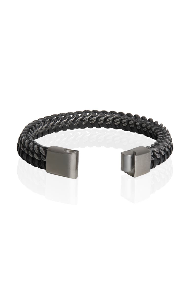 Mens Bracelet Braided Black Leather and Stainless Steel, 8.25", Alternate, color, Brown
