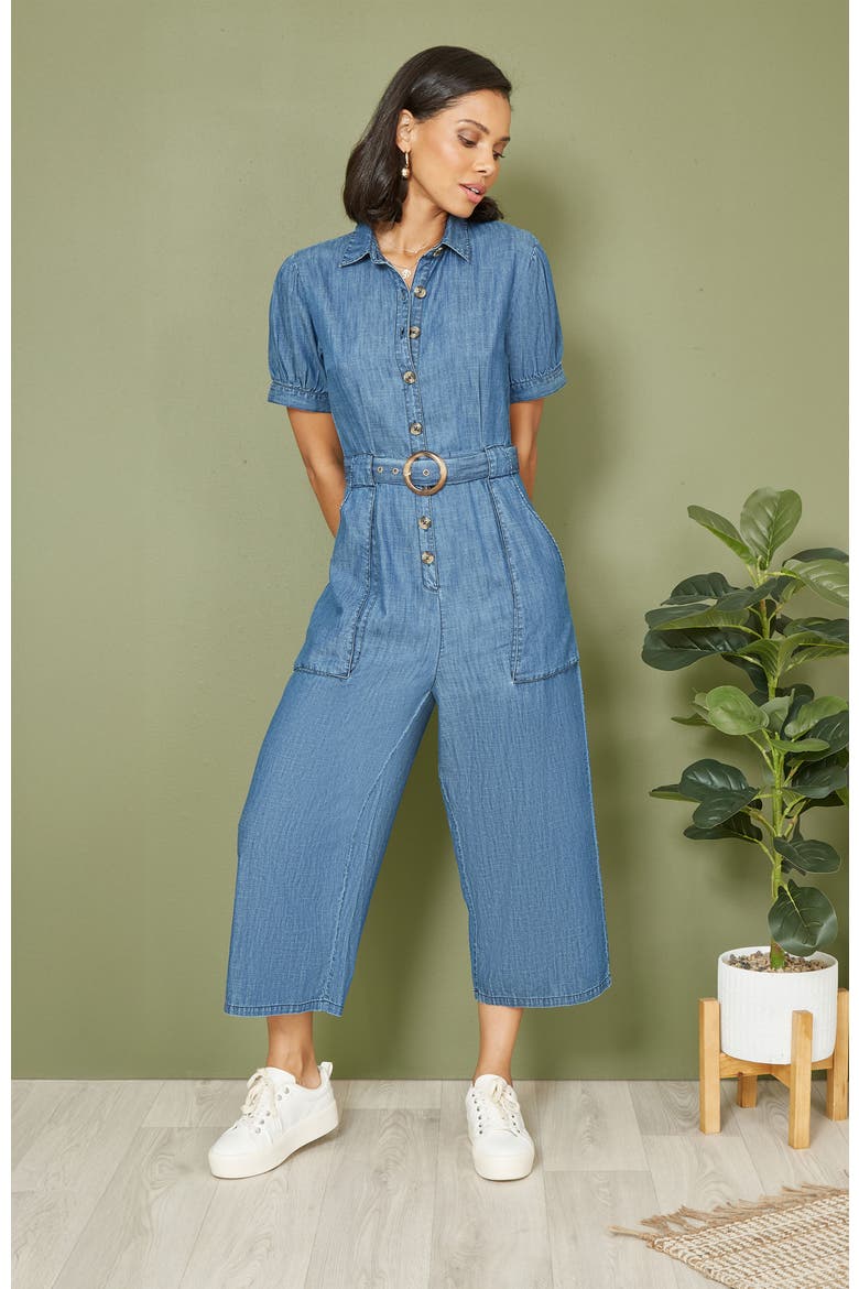 Cotton Chambray Button Up Jumpsuit, Alternate, color, Blue