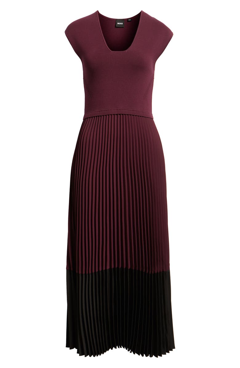 BOSS Flissani Pleated Mixed Media A-Line Dress, Alternate, color, Soft Vermillion