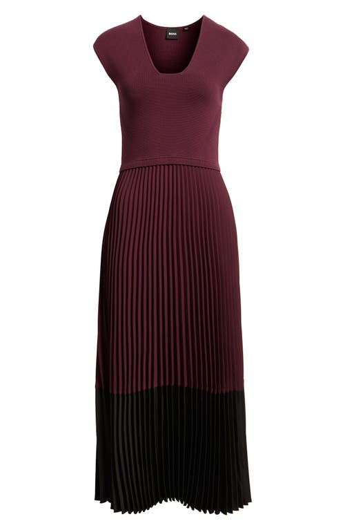 Hugo Boss Boss Flissani Pleated Mixed Media A-line Dress In Burgundy