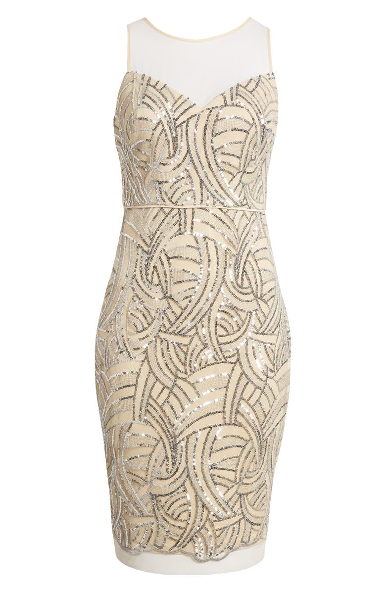 Vince Camuto Sequin Illusion Lace Yoke Sleeveless Cocktail Dress, Alternate, color,