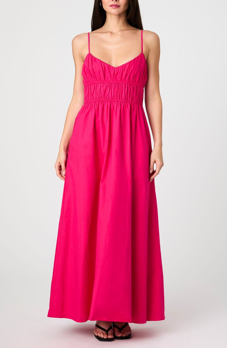 French Connection Ruched Cotton Poplin Maxi Dress, Main, color, Cerise Pink