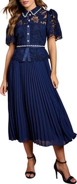 Coast Lace Top Pleat Skirt Jewel Button Dress