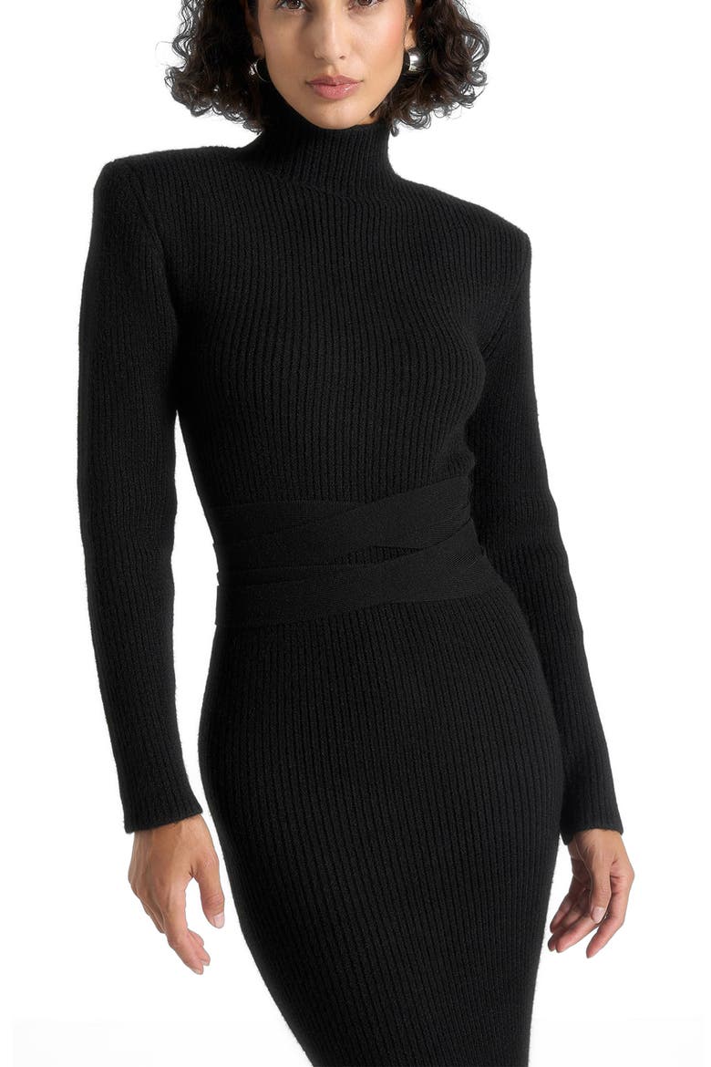 Hana Wide Shoulder Knit Dress With Waist Tie, Alternate, color, Black