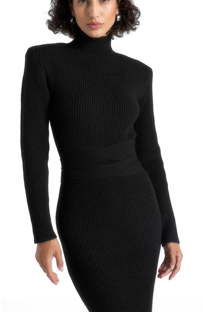 Manière De Voir Hana Wide Shoulder Knit Dress With Waist Tie, Alternate, color, Black