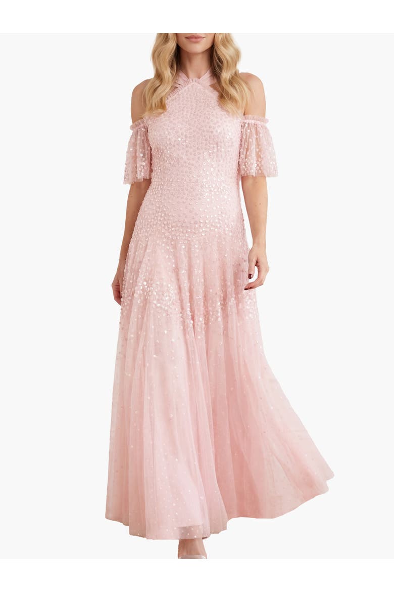 Scallop Sequin Halter-Neck Ankle Gown, Main, color, Seashell