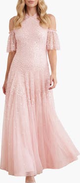 Needle & Thread Scallop Sequin Halter-Neck Ankle Gown