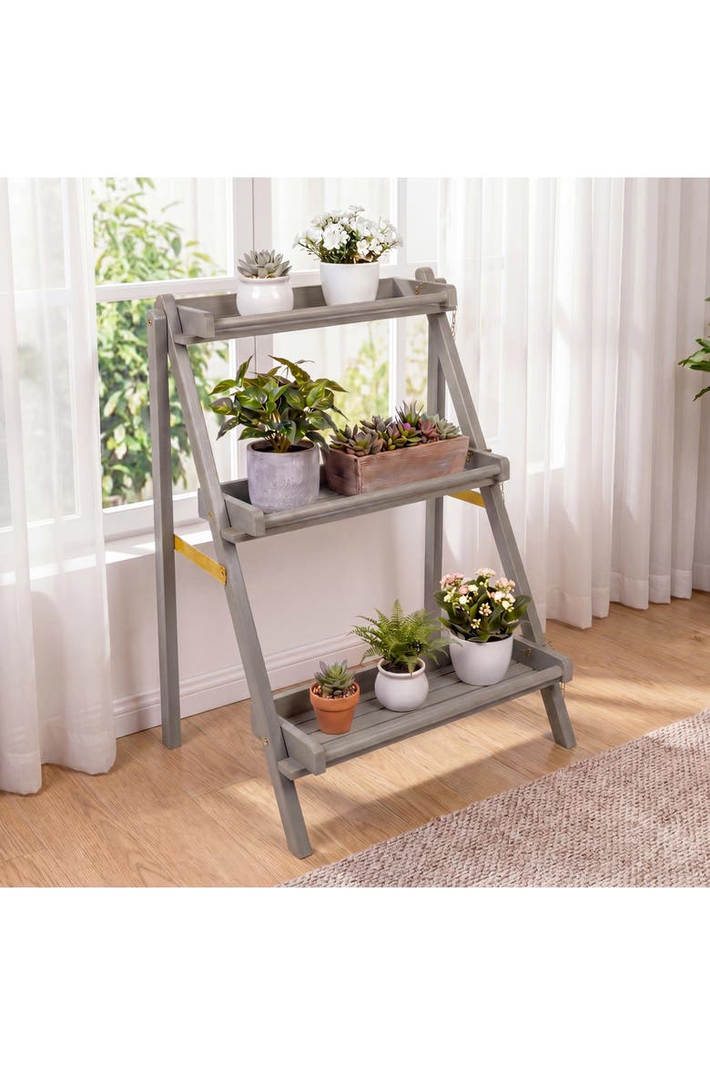 Hollis 3-Tier Acacia Wood Indoor/Outdoor Foldable Compact Freestanding Ladder Plant Stand Display Rack Shelf, Alternate, color, Gray Wash