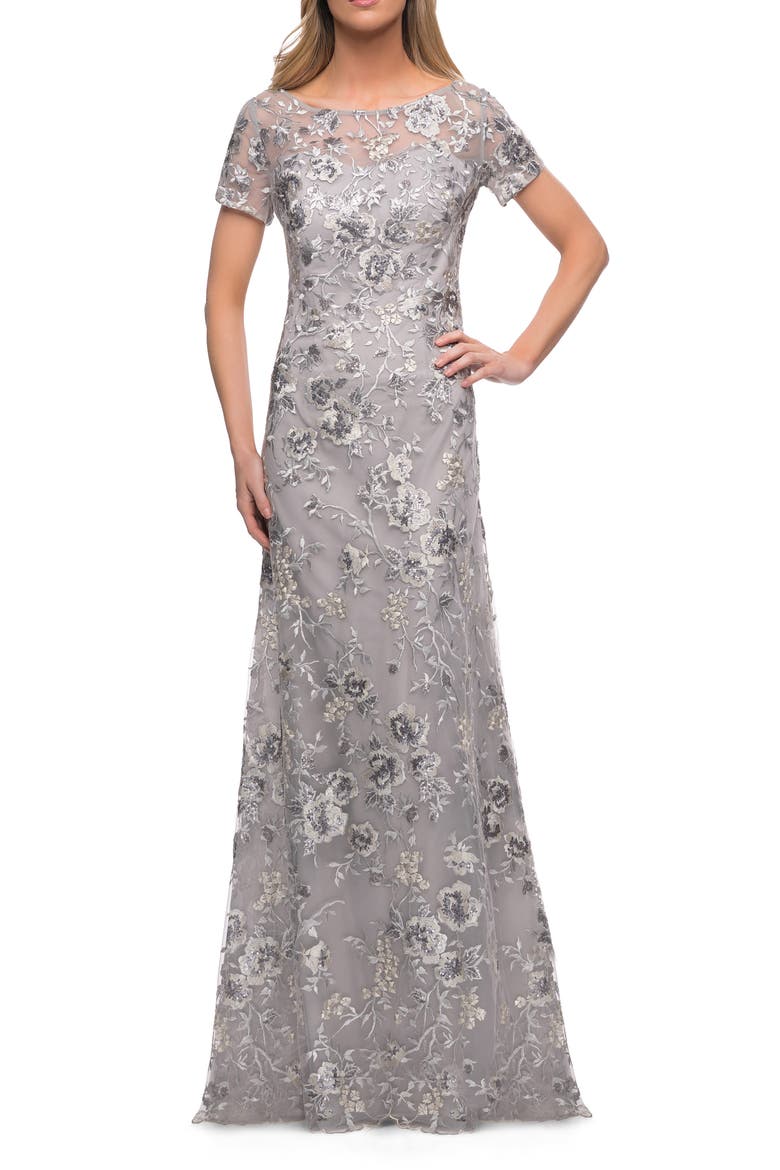 Metallic Embroidered Lace Evening Gown, Main, color, SILVER