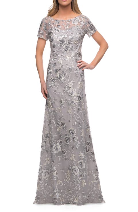 Metallic Embroidered Lace Evening Gown