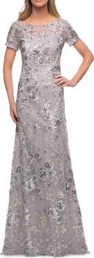La Femme Metallic Embroidered Lace Evening Gown
