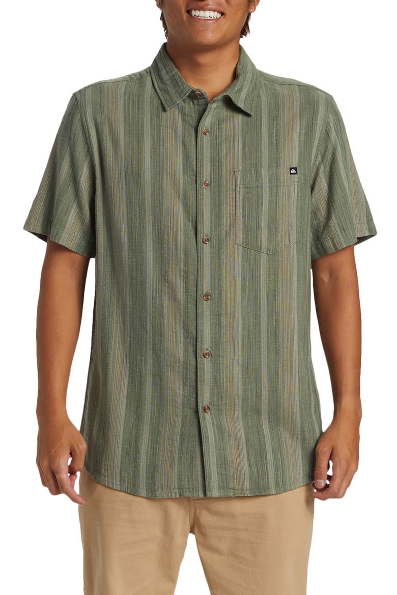 Pyke Stripe Short Sleeve Organic Cotton Button-Up Shirt, Main, color, SEA SPRAY SLUB